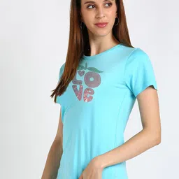 shashvi Women Turquoise Blue Typography Printed Cotton T-shirt image 2