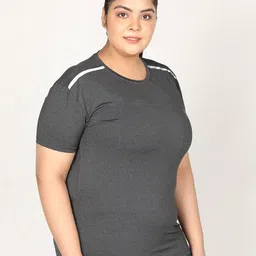 CHKOKKO Plus Women Charcoal Solid Round Neck Regular Fit T-shirt image 2
