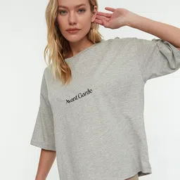 Trendyol Women Grey Typography Printed Drop-Shoulder Sleeves T-shirt image 5