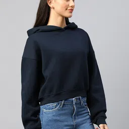 Xpose Women Navy Blue Solid Hooded Wool Sweatshirt image 3