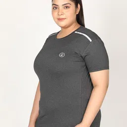 CHKOKKO Plus Women Charcoal Solid Round Neck Regular Fit T-shirt image 5