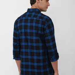 Peter England Casuals Men Blue & Black Slim Fit Tartan Checks Checked Casual Cotton Shirt image 4