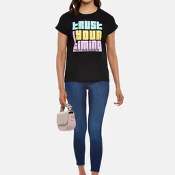 People Women Black Typography Printed Extended Sleeves T-shirt image 3