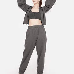 KLAS NOBL Women Grey Over Sized Cropped Hooded Sweatshirt With Balloon Sleeves image 5