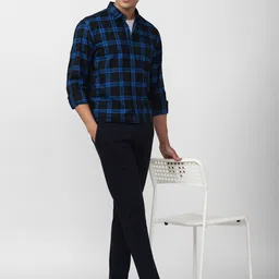 Peter England Casuals Men Blue & Black Slim Fit Tartan Checks Checked Casual Cotton Shirt image 5