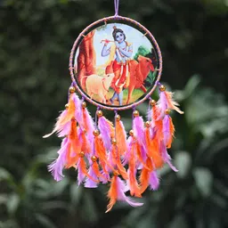 duli Canvas Krishanji Dreamcatcher with Orange-Purple Feathers Windchime for Gifts Feather Dream Catcher-picture-30