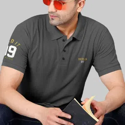 Men Solid Polo Neck Cotton Blend Grey T-Shirt-image-84