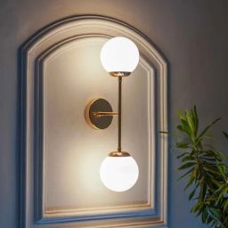 kapoor lampshades Balts Twin Wall Light in Brass Finish with Opal Glass Globe Shades-picture-39