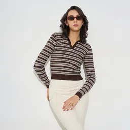 honey by pantaloons Casual Regular Sleeves Striped Women Brown Top-picture-17