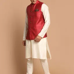VASTRAMAY Men Cream-Coloured Festive Straight Kurta Sets image 5