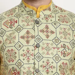 SOJANYA Men Mustard Yellow Pure Cotton Kurta with Churidar & Nehru Jacket image 4