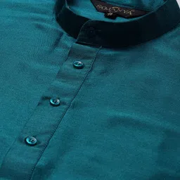 SOJANYA Men Teal Green Silk Cotton Kurta with Churidar & Nehru Jacket image 2