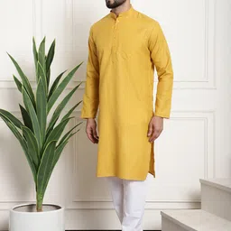 SOJANYA Men Mustard Yellow Pure Cotton Kurta with Churidar & Nehru Jacket image 5