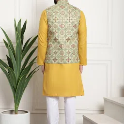 SOJANYA Men Mustard Yellow Pure Cotton Kurta with Churidar & Nehru Jacket image 2