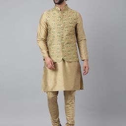 Hangup Men Khaki Thread Work Pure Silk Kurta Churidar with Nehru Jacket-picture-33