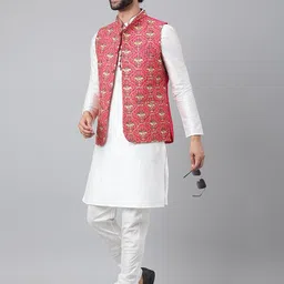 Hangup Men White Thread Work Pure Silk Kurta with Pyjamas Withy Nehru Jacket image 3