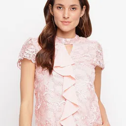 Latin Quarters Women Pink Lace top with ruffles Keyhole Neck Top-picture-13