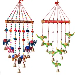 RAJ SHAI CRAFT Home Decoration Items PARROT&ELEPHANT Wind Chimes V safe combo set of 2 Home Decoration for Hall balcaney Wall/Door/Window Hanging ( 90 cm,80CM multicolour) Plastic Windchime image 4