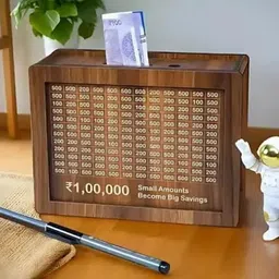 kvr craft Wooden Money Saving Box Cash Saver Money Box(Brown)-M1 Coin Bank image 2