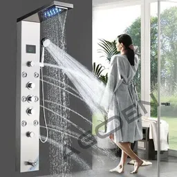 AGOEN Luxury 304 Grade Stainless Steel Shower Panel | 6-in-1 Mirror Finish 6-in-1 LED Shower System LED Rainfall | Waterfall | 8 Body Jets | Hand Shower | Temp Display image 2