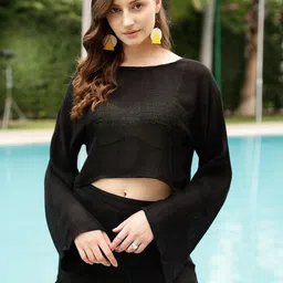 STREET 9 Black Self Design Sheer Pure Cotton Swimwear Cover Up Set-picture-13