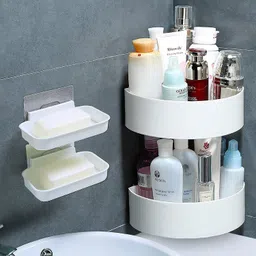 rajbhumi Wall Shelves (2 Corner with 2 Bathroom Soap Dish) Round Corner Kitchen Bathroom Shelf Self-Adhesive Sticker Hooks Multipurpose Wall Holder Bathroom Storage Rack Plastic Wall Shelf image 5