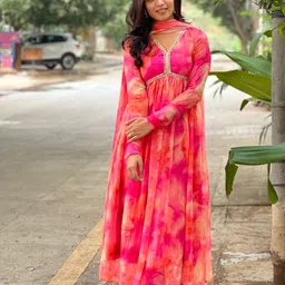 Printed Georgette Stitched Flared/A-line Gown-image-1