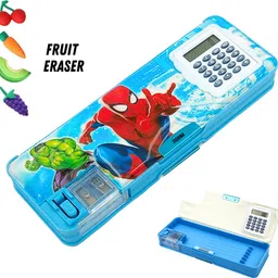 Cartoon Printed Boys character Dual Section Pencil Case for kids Boys Stationery Box with Sharpener & Calculator Magnetic Lock Geometry for Kids Art Plastic Pencil Box-image-44