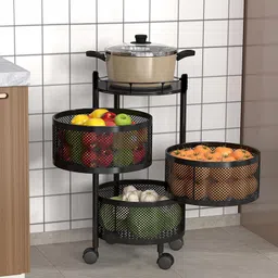 Easeliving 3-Layer Round Trolley with Wheels/Rotating Vegetable Kitchen Rack Steel Fruit & Vegetable Basket-picture-21