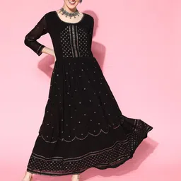 sangria Embroidered Georgette Stitched Flared/A-line Gown-picture-15