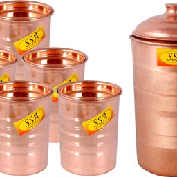 shivshakti arts Pure Copper Jug / Pitcher with 6 Glasses - Drinkware Set - Silver Touch Design - (Capacity = 1.1 - Liter) - 7 Pieces Set Jug Glass Set-picture-11