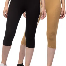 Women Cotton Lycra Capri Women Beige, Black Capri-image-2