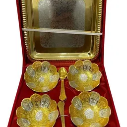 the healing store German Silver Gold Plated Kamal (Lotus) Dessert Bowls and Spoon Pack of 1 Bowl Serving Set-picture-12