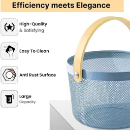 kuber industries Metal Mesh Basket for storage with wooden handle | Fruit Basket | 400g | Blue Iron Fruit & Vegetable Basket image 2