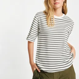 mack jonney Women Striped Round Neck Cotton Blend Grey, White T-Shirt-picture-12