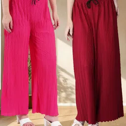kwsh Pack of 2 Women Regular Fit Blue, Pink Viscose Rayon Trousers-picture-24