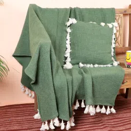ambbi collections Green Solid Cotton 63x66 Inches Sofa Throw with Cushion Cover image 1