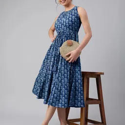 janasya Women Tiered Blue Midi/Calf Length Dress image 2