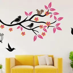 65 cm Birds On Tree Branch With pink Leaves And Birdcage Wall Sticker ( ideal size on wall: 120 cm x 65 cm ),Multicolour Self Adhesive Sticker-image-7