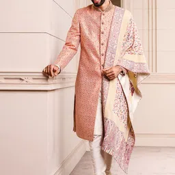 Tasva Men Orange Printed & Embroidered Detail Meena Brocade Sherwani Set-picture-24