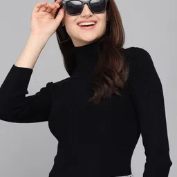 Women Woven Turtle Neck Black Sweater-image-85