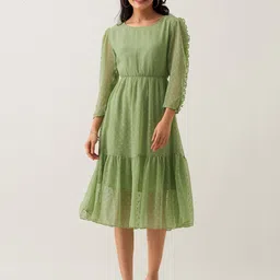 AASK Self Design Puff Sleeves Tiered Crepe Fit and Flare Midi Dress-picture-30