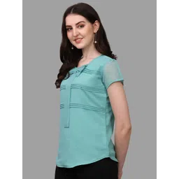 Kinjo Turquoise Blue Solid Tie and Bow Georgette Top image 5