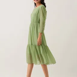 AASK Self Design Puff Sleeves Tiered Crepe Fit and Flare Midi Dress image 2