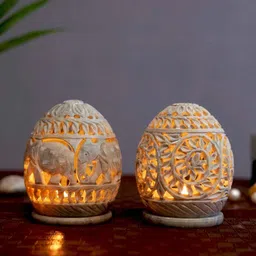katkaria creations Grey Soapstone (Set of 2) Table Tealight Holder With Candles image 1