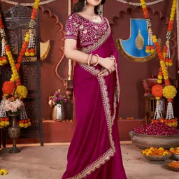 dharmee Embellished, Solid/Plain, Applique, Woven, Embroidered Bollywood Silk Blend, Pure Silk Saree image 4