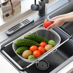 homestic Fine Mesh 6 Quart Over Sink Colander Steel with Rubber Grip Handles | Silver Stainless Steel Fruit & Vegetable Basket-picture-25