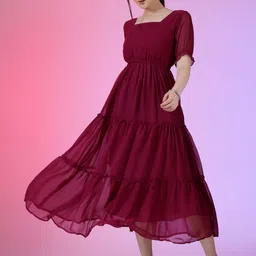 raiyani enterprise Women Fit and Flare Maroon Maxi/Full Length Dress image 3