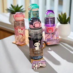 shiva traders Hello Kitty Kids Water Bottle Heavy Duty Plastic One Touch Lid Adjustable Strap 600 ml Water Bottle image 4