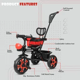 evohome Tricycle For Kids with Parental Handle | back rest and Dual Storage Basket R_10_RED_EVA WHEEL Tricycle image 2